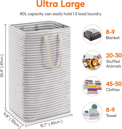 1 Pack Laundry Basket 80L Each, Collapsible Clothes Hamper with Reinforced Handles, Freestanding Waterproof Design for Bedroom and Laundry Room, Grey 80L Total