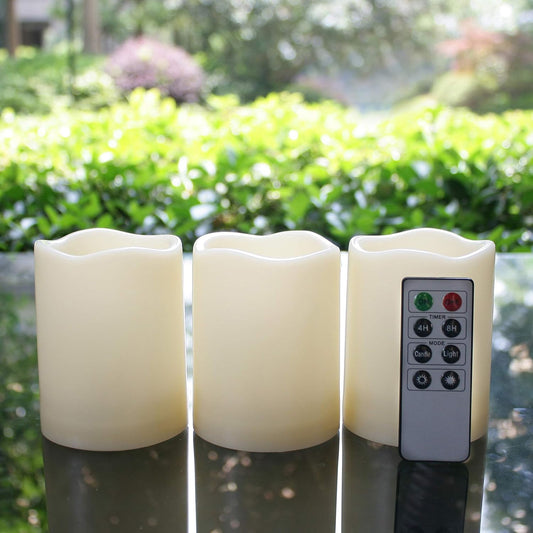 Outdoor Waterproof Battery Operated Flameless LED Pillar Candles | Plastic Flickering Electric Candles with Remote Timer Resin Decorative Lights for Xmas Christmas Wedding Party Decor 3 PCS